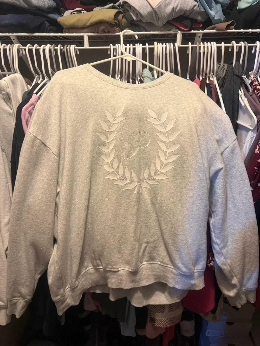 PINK Victoria's Secret Light Gray Embroidered Laurel Crewneck